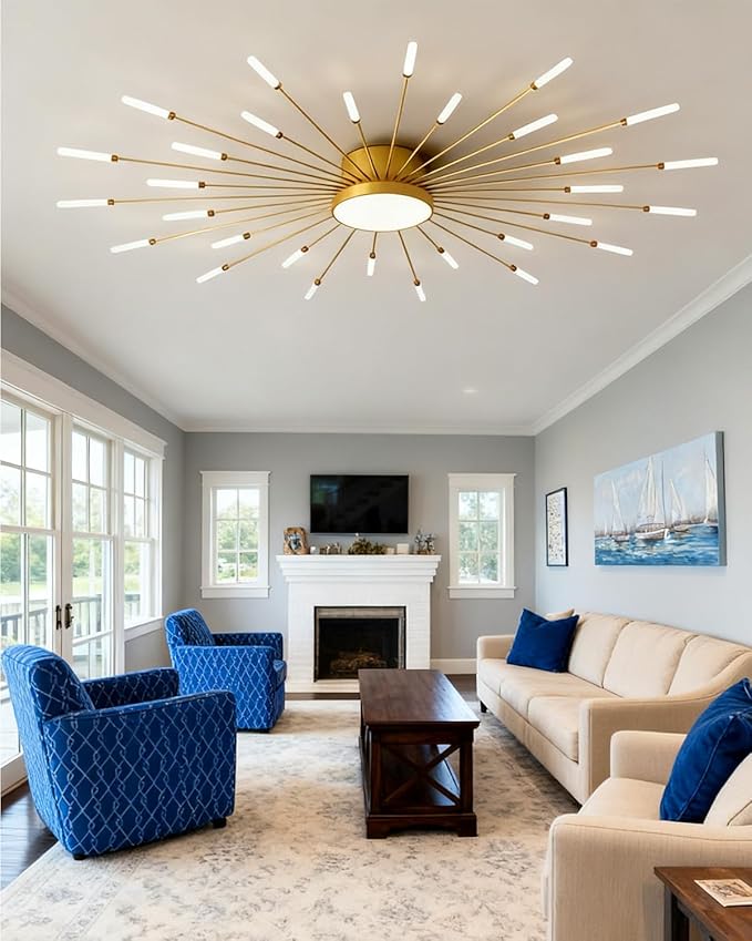 50 Inch Led Ceiling Light Fixture 30 Lights Modern Sputnik Ceiling Light Flush Mount Ceiling Lamp Gold Indoor Lighting for Living Room Bedroom 4000K Decorative Fireworks Chandelier