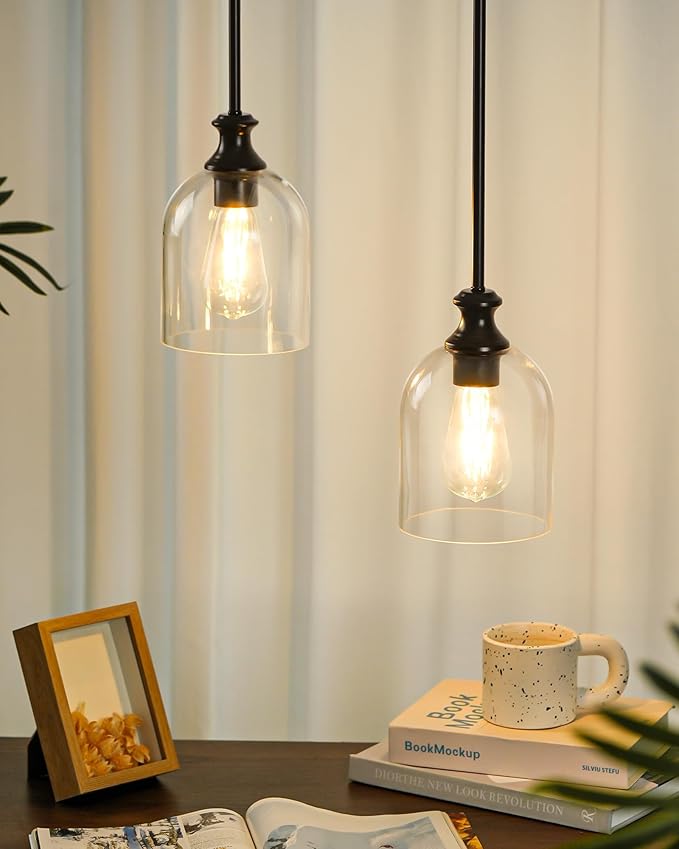 AUTELO Black Pendant Lights Kitchen Island, 1-Light Pendant Lights in Black Finish with Clear Cylinder Glass, Modern Pendant Light Fixtures, Hanging Lamp for Kitchen Island H2511 CLBK