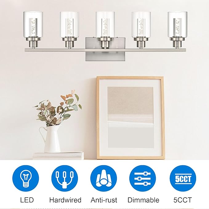 MELUCEE Bathroom Vanity Light Fixtures 5-Light Modern LED Vanity Lights for Bathroom Brushed Nickel with Crystal Bubble Clear Glass Shade, Dimmable Wall Light 3000K-6000K, Built-in LED Chips