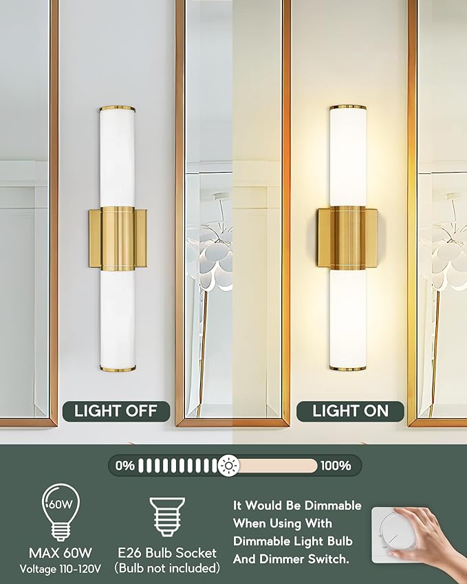 Bathroom Light Fixtures, 2-Light Vanity Lights for Mirror with Milk Glass Shade, Brushed Gold Wall Sconces Up and Down Wall Lamp for Bathroom Bedroom Hallway, VL834-BG-ML