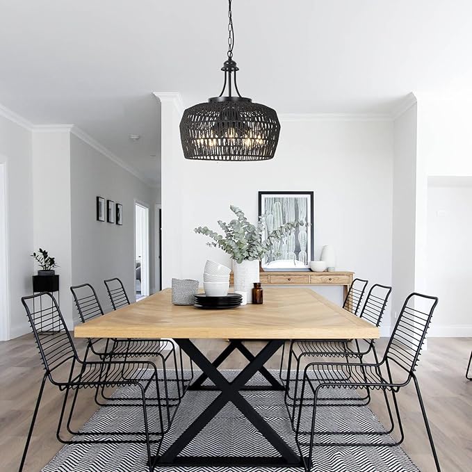 HMVPL Black Rattan Chandeliers for Dining Room, 5-Light Farmhouse Chandelier Light Fixture with Wicker Lampshade, Large Boho Coastal Hanging Pendant Lightting for Kitchen Island Bedroom Living Room