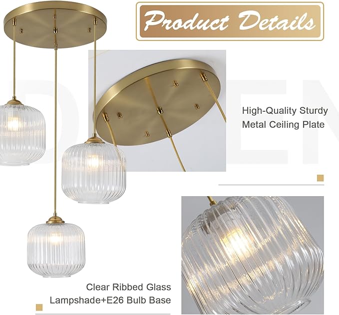 3 Light Hanging Pendant Light Fixture Brushed Gold Modern Pendant Cluster Lights Kitchen Island Industrial Adjustable Hanging Dining Room Lighting Clear Glass Cluster Chandeliers MPL30-3C