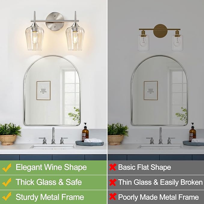 MOKATNG 2-Light Bathroom Light Fixtures, Brushed Nickel Vanity Lights for Bathroom with Clear Glass, Bathroom Lighting Fixtures Over Mirror, Modern Wall lamp for Cabinet Hallway