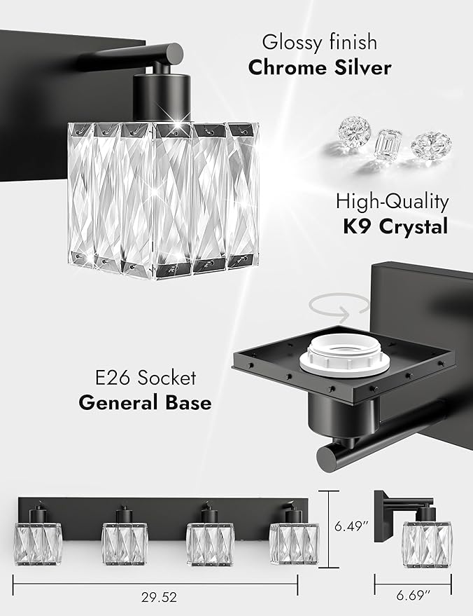 VOLISUN Black Bathroom Light Fixtures, Modern Bathroom Lighting Fixtures Over Mirror, 4 Light Bathrooms Vanity Light, Crystal Vanity Light for Bathrooms-UL Certificated(Exclude Bulb)