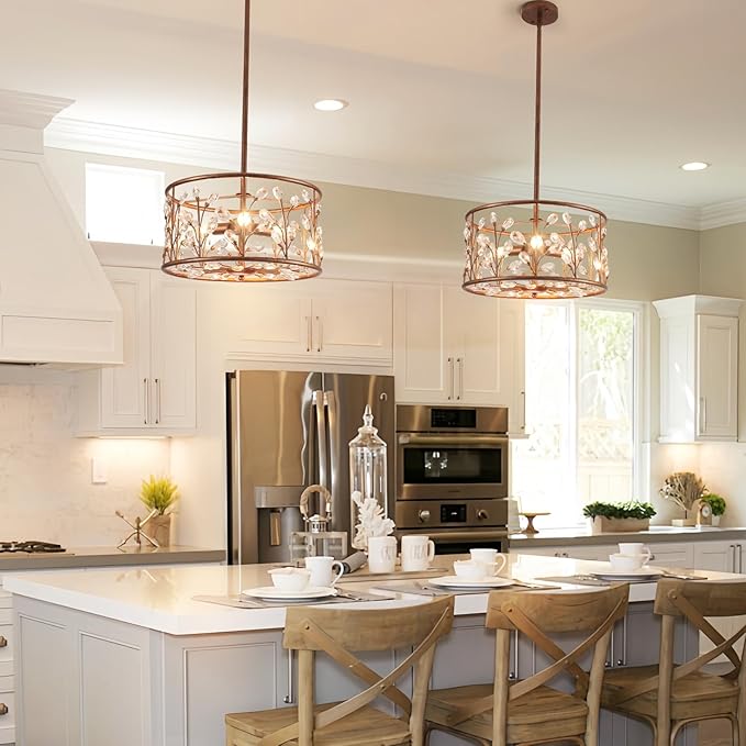 Vintage Crystal Round Chandelier, 15.7" Drum Chandeliers for Dining Room, 3-Lights Kitchen Chandelier Over Table, Hanging Pendant Light Fixture for Entryway Living Room