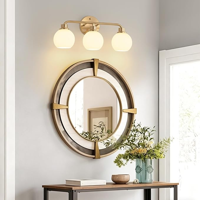 Bathroom Light Fixtures Gold Vanity Light 3 Light Wall Sconces Lighting Brushed Brass Lights with Milk Globe Glass Shades Bath Wall Lamp for Mirror Kitchen Living Room Bedroom Hallway