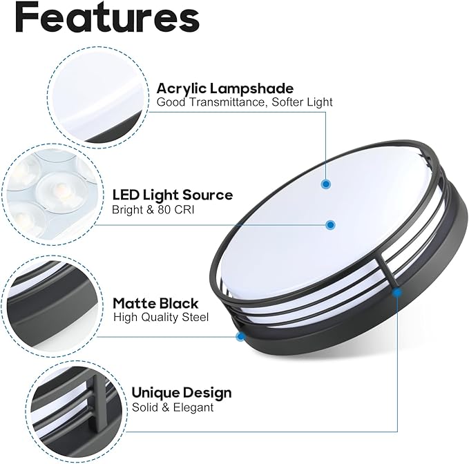 WISBEAM 13 Inch Matte Black Flush Mount Ceiling Light, 23W LED Ceiling Lighting Fixture with 5CCT(2700K/3000K/3500K/4000K/5000K), Dimmable LED Light Fixtures Ceiling Mount for Kitchen Bathroom Hallway