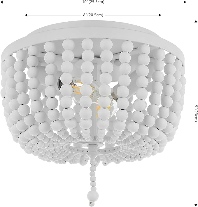 JONATHAN Y 10" White Allison 2-Light LED Flush Mount Ceiling Light for Bedroom, Wood Beaded Shade Shabby Chic Farmhouse Rustic Decor, LED Bulbs Included (JYL9074D)