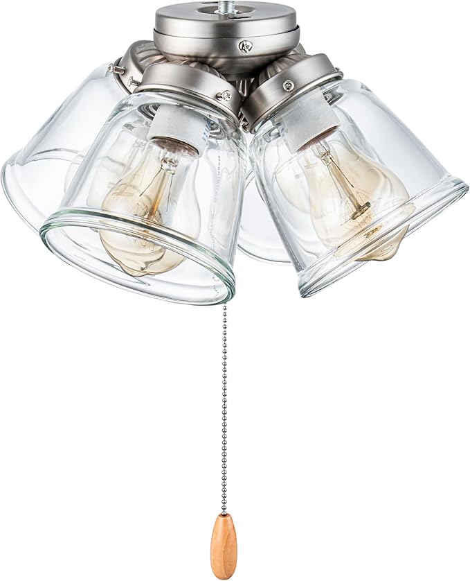 Aspen Creative 22016-1, Four-Light Ceiling Fan Light Kit with Pull Chain, Brushed Nickel Finish with Clear Glass Shades, 13-1/8" Diameter x 6-3/4" Height