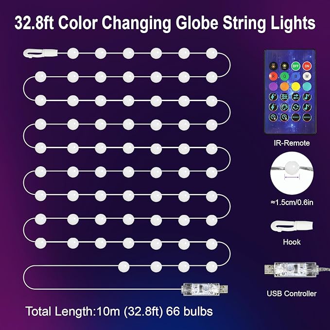 Christmas String Lights Indoor RGB Smart Twinkle Light 32.8Ft 66LEDs with Music Sync RF Remote APP Control, USB Powered Color Change Fairy Lights for Garden Bedroom Party Valentine's Day Decor