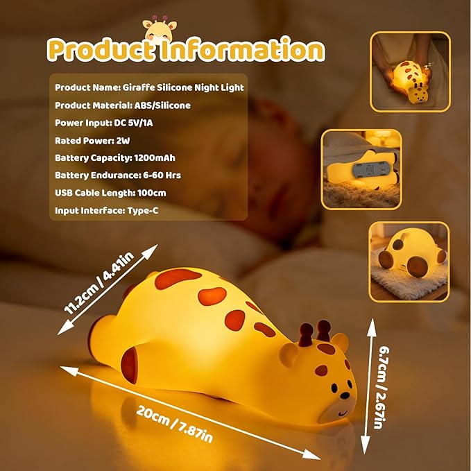 Kawaii Giraffe Lamp Silicone Night Light, Tap Control Squishy Baby Lights for Nursery, 3 Levels Dimmable Rechargeable LED Bedside Lamp with Timer, Giraffe Gifts for Toddler, Bedroom, Toy
