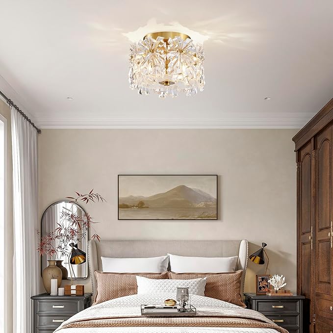 AGV LIGHTING Flush Mount Ceiling Light Fixture, Modern Gold Crystal Ceiling Light Fixture, D9 x H5, Shield Shaped Glass Shade