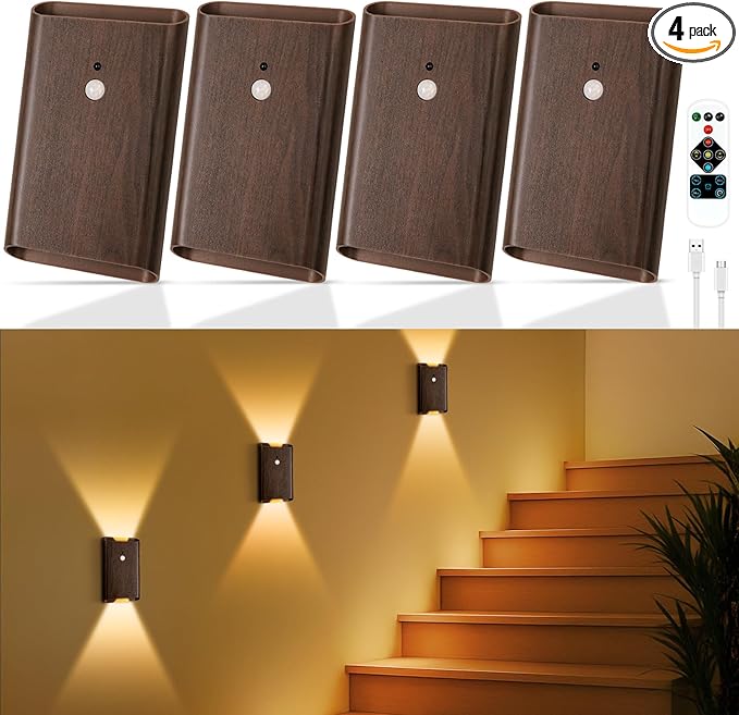 4 Pack Battery Powered Motion Sensor Wall Sconces: 5000mAh Rechargeable LED Wall Light with Remote, Magnetic Motion Sensored Stair Light Indoor Wireless Sconce for Hallway Bedroom Bedside, Walnut