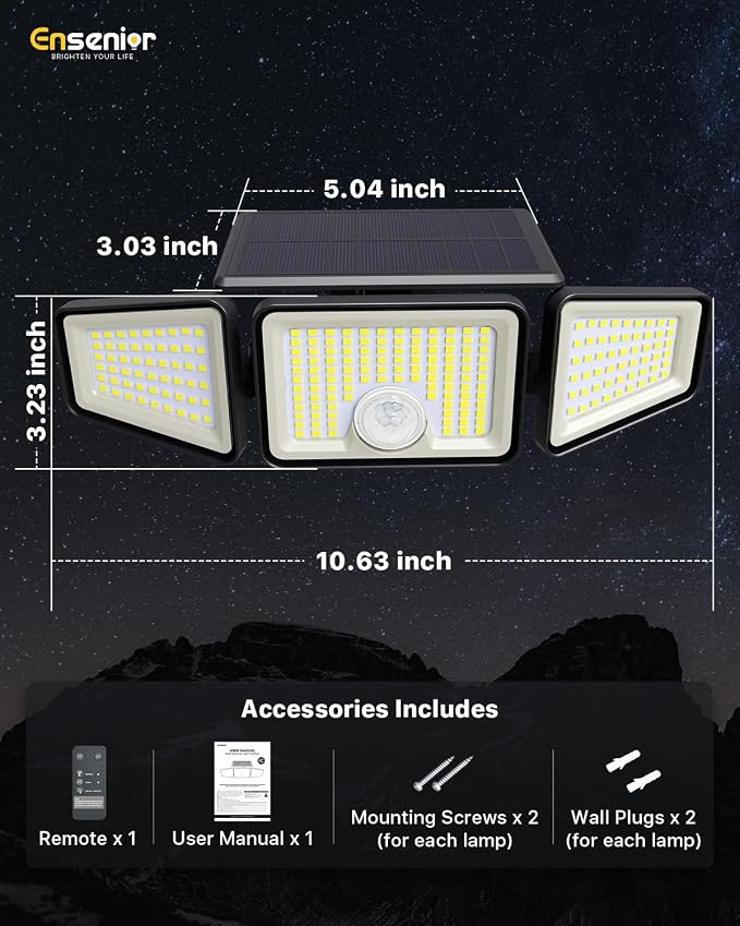 Ensenior Solar Motion Lights Outdoor, 3000LM 220 LED High Brightness Motion Sensor Outdoor Lights, 3 Head 4 Modes 270° Wide Angle Flood Lights IP65 Waterproof, Remote Control Security Lights, 3 Pack
