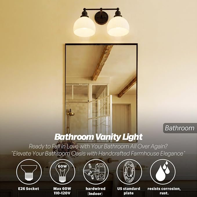 2-Light Wall Sconces,Black Double Bathroom Vanity Light with Milk Glass Minimalist Farmhouse Wall Sconce Light Lamp for Bathroom Mirror Living Room Bedroom Kitchen E26 Hardwire Indoor