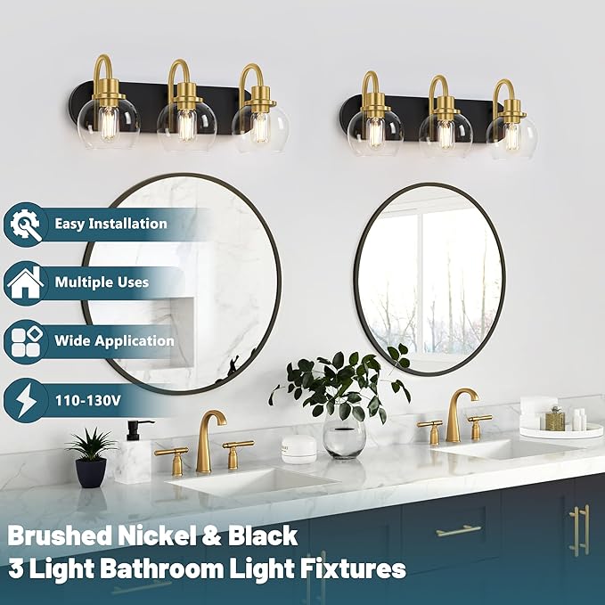 Dpyrrhic Modern 3-Light Vanity Light, Bathroom Lighting Fixture Over Mirror With Clear Glass Shade and Metal Base, Wall Sconces in Matte Black and Gold