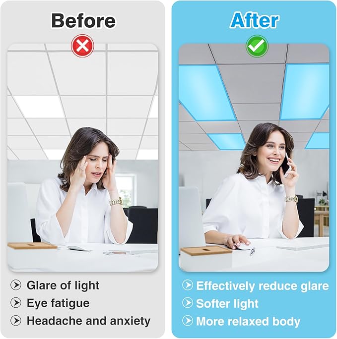 Fluorescent Light Covers with 10 Strong Magnets- 6 Pack Fluorescent Light Filters for Classroom Hospital Office to Eliminate Harsh Glare Reduce Headache, Flame Retardant Fabric, 4 x 2 FT, Blue Sky