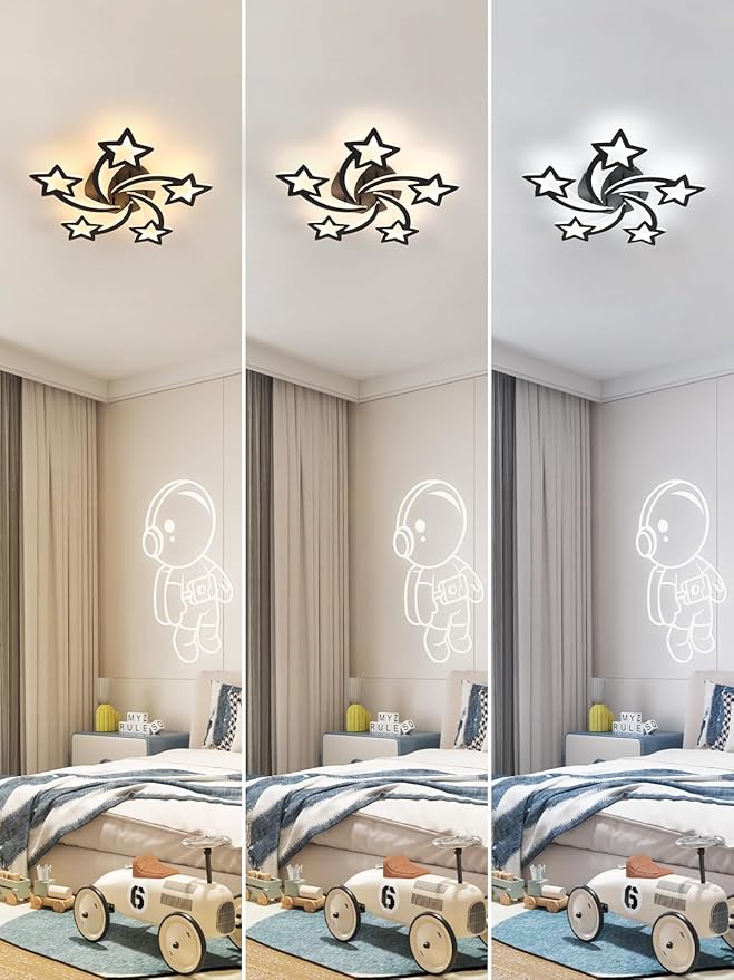 Goeco Kids Ceiling Light, 3 Light Modes (3000K/4500K/6500K) Modern Acrylic LED Close to Ceiling Light Fixture, Black Star Shape Flush Mount Lamp for Kids Room, Nursery, Bedroom, Living Room