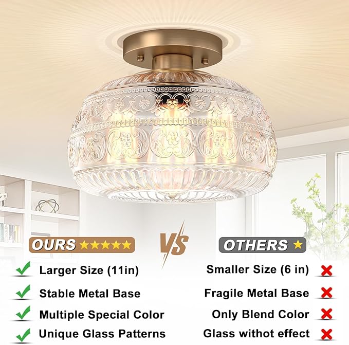 Semi Flush Mount Ceiling Light Fixture, 11" Vintage Gold Hallway Lights Fixture Ceiling with Clear Glass for Kitchen, Hallway, Bathroom and Entry Way,Compatible with E26 Light Bulb