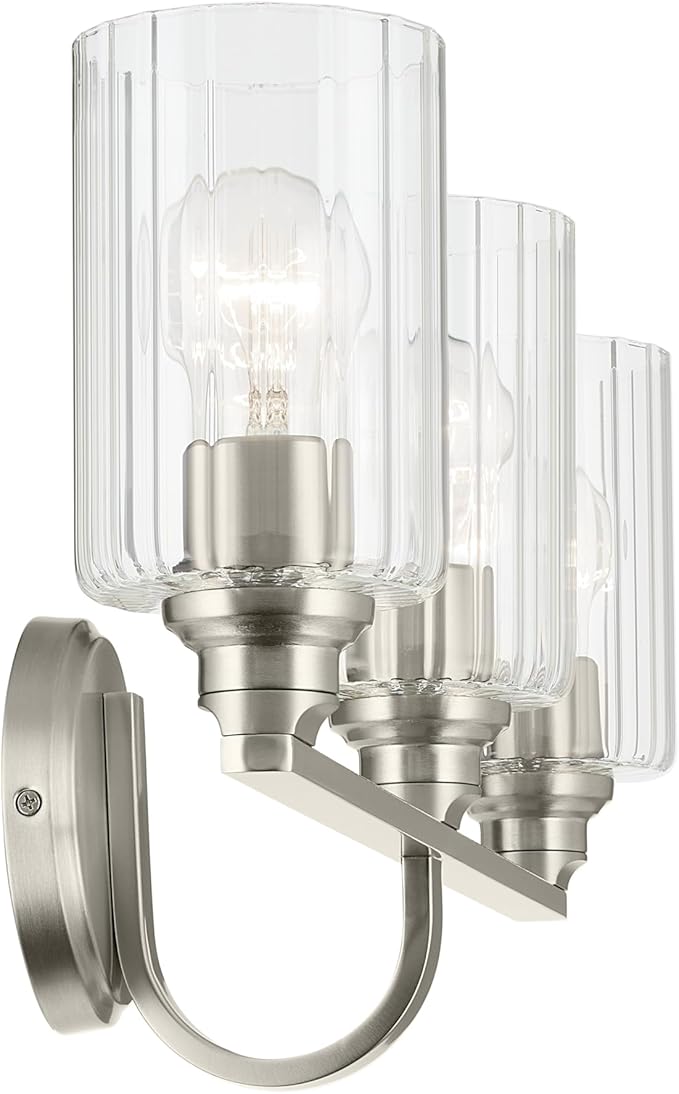Kichler Gioe 24.25 in 3-Light Bathroom Vanity Light Fixture with Clear Fluted Glass in Brushed Nickel, Modern Wall Mount Over Mirror for Powder Room, Damp Rated (24.25 in W x 10.5 in H), 55226NIFLU