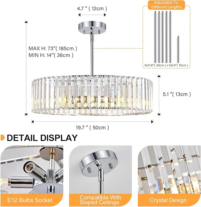 Chrome Crystal Ceiling Light Fixture, Modern Semi Flush Chandelier, Round Hanging Lighting Chandeliers for Dining Room, Kitchen, Bedroom, 6-Light, 19.68 Inch