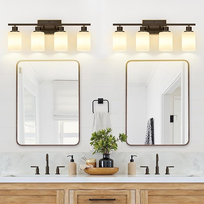 Indoi 4-Light Bathroom Light Fixtures, Brown and Gold Vanity Lights with Milk Glass Shades, Modern Bathroom Wall Lamp for Mirror Living Room Bedroom Porch