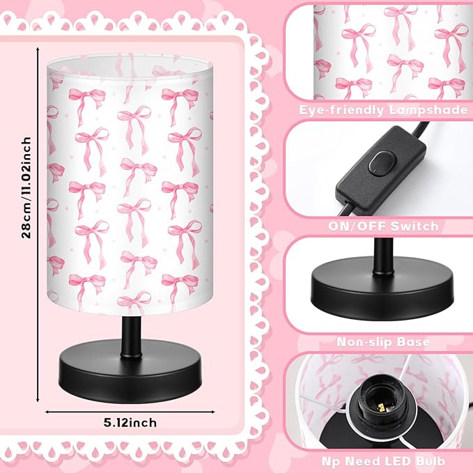 Glooglitter Pink Bow Table Lamp Gifts 3 Colors Dimmable Lights 11.02 x 5.12 Inch Night Light Bedside Lamps Decoration for Bedroom Desk Birthday Gifts for Home Decor