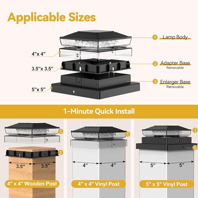 KEILAIMO Solar Post Cap Lights Outdoor, 12 Pack Upgraded Waterproof Deck Fence Post Solar Lights for 3.5x3.5 4x4 5x5 Vinyl/Wood Posts, 10-12 Hours Warm/Cool White Glow for Garden/Patio/Porch - Black