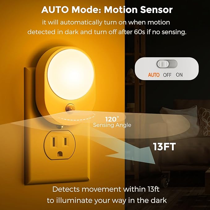 L LOHAS LED Plug in Night Light with Motion Sensor and Dusk to Dawn Sensor,[4-Pack] Night Lights Plug into Wall,2000K Amber Light,30/60/100LM Dimmable Nightlight for Bathroom Hallway
