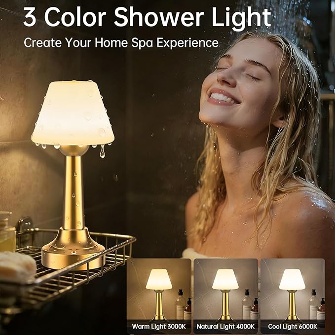 TRRMEZY Shower Lamp Waterproof Bathroom Lamp for Inside Shower Bathtub, 18-Hour Rechargeable Cordless Shower Light, 3-Color Temps Touch Dimmable Light, Small Relaxing Spa Night Lamp for Bathroom