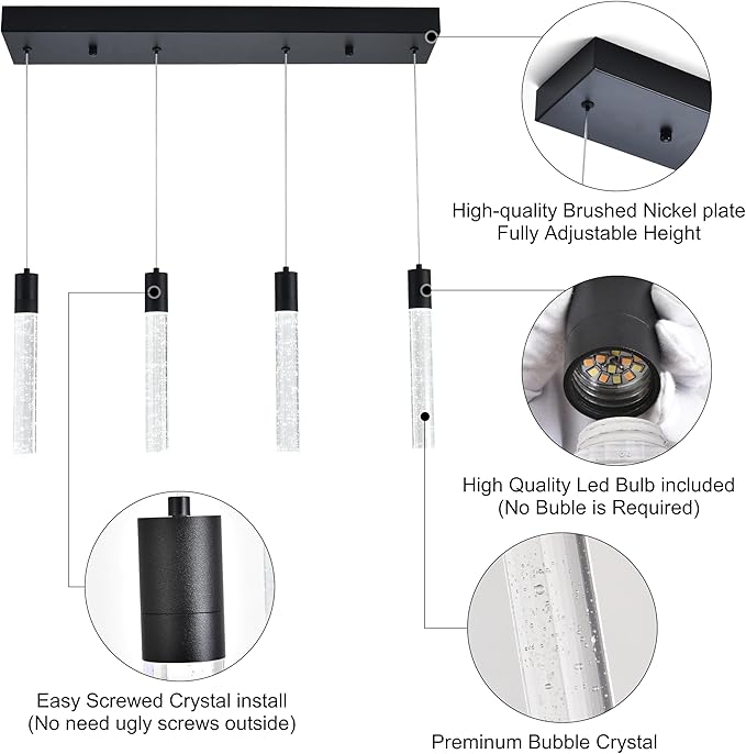 4-Light Matte Black Integrated Crystal Pendant Chandelier,Dimmable LED Ceiling Light with Adjustable Height for Kitchen Island, Dining Room & Bedroom 3000K -6000K