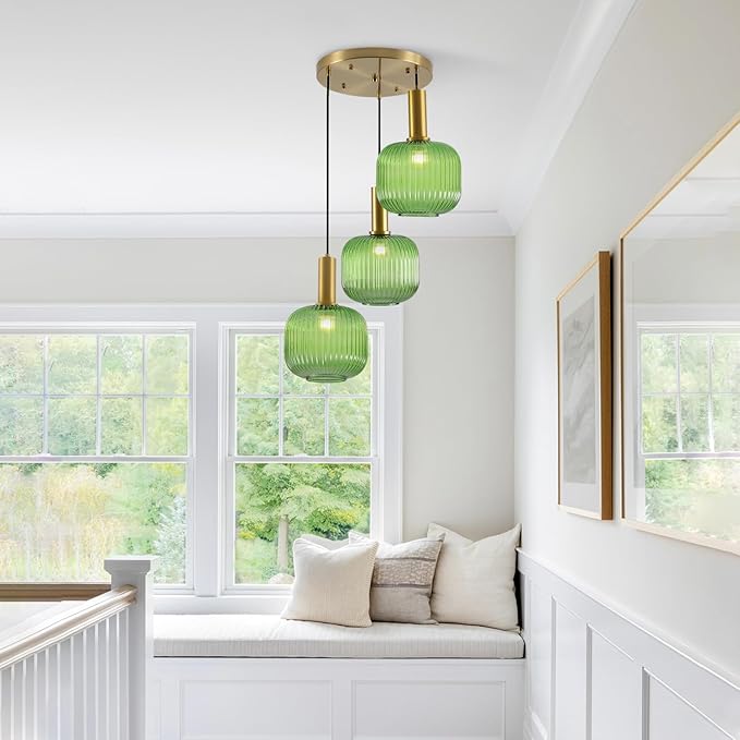 BOKT Green 3-Light Cluster Pendant Lights Mid Century Modern Ceiling Hanging Lighting 7.9" Farmhouse Gold Pendant Lights Kitchen Island with Ribbed Hand Blown Glass for Living Room Dining Room