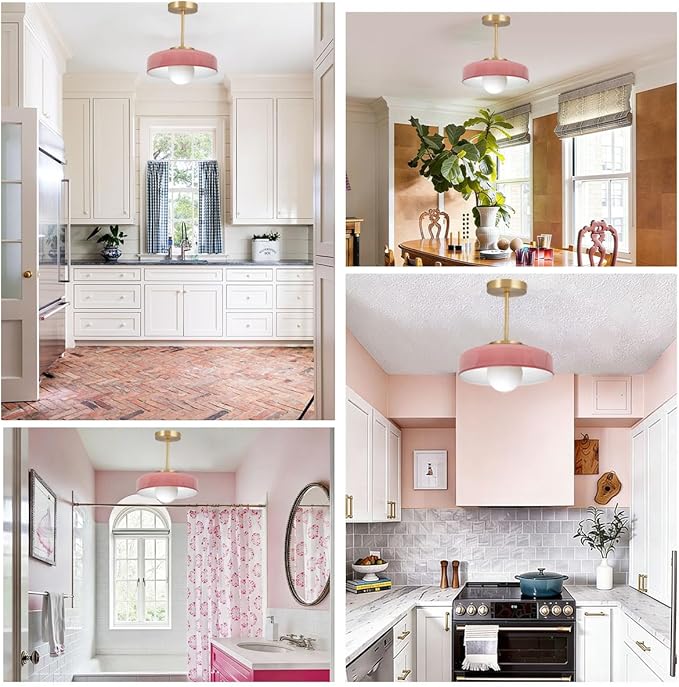 Pink Light Fixture Mid Century Modern Semi Flush Mount Ceiling Light 13.8 Inch Round Dome Glass Shade Brushed Gold Brass Close to Ceiling Lights Hallway Bedroom Overhead Lighting
