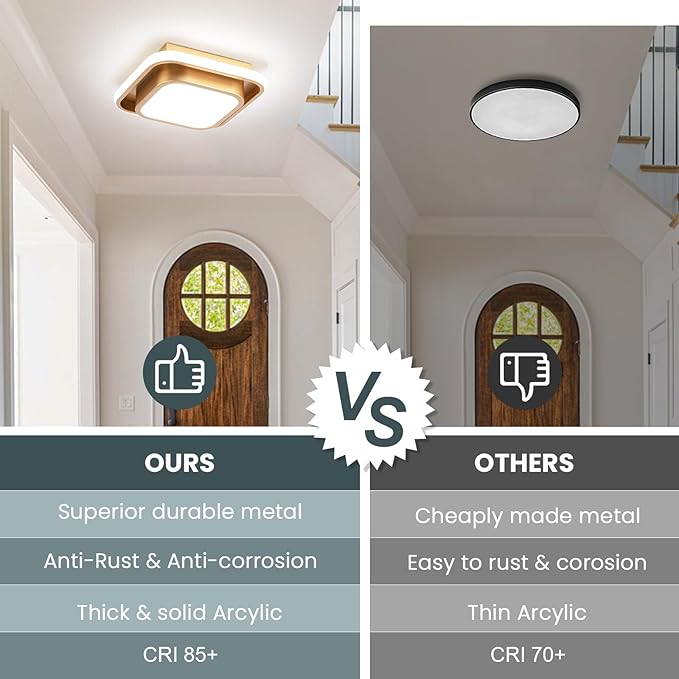 Hallway Light Modern LED Ceiling Light Fixture Square 6000K Close to Ceiling Light Gold Flush Mount Ceiling Lights for Kitchen Bedroom Balcony Bathroom