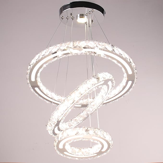 CXGLEAMING Modern Crystal Chandeliers DIY 3 Rings Dimmable Ceiling Light Fixture LED Pendant Lamp for Kitchen Dining Room Living Room Bedroom 180mm Base 153 Crystals (Dimmable)