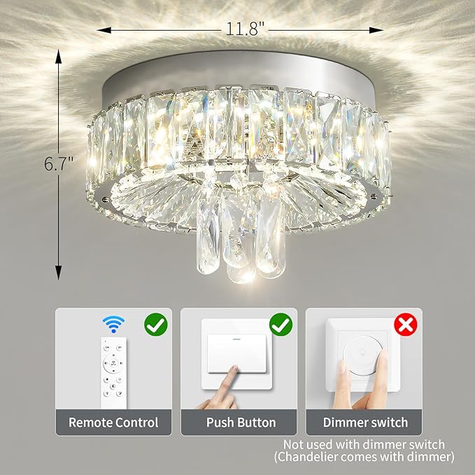 Modern Flush Mount Crystal Chandeliers: 12" Silver Small Ceiling Light LED Dimmable With Remote - Mini Round Semi Chandelier Crystal Foyer Lighting Fixtures For Bedroom Dining Room Entryway Hallway