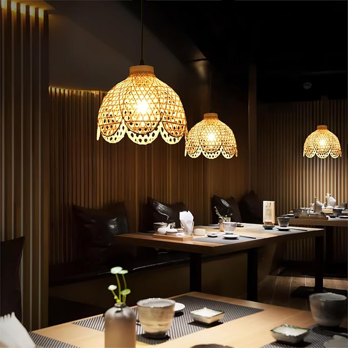 3-Pack Boho Pendant Light Fixture 9.8" Bamboo Hanging Light Mini Rattan Pendant Light,Woven Wicker Shade Rattan Chandelier for Dining Living Bedroom Kitchen Farmhouse