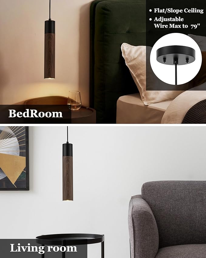 ELYONA Modern Pendant Light Fixtures, Walnut Wood Grain & Matte Black Metal, Industrial Cylinder Hanging Pendant Light for Kitchen Island Dining Room Bedroom Living Room, GU10 LED Bulb Included