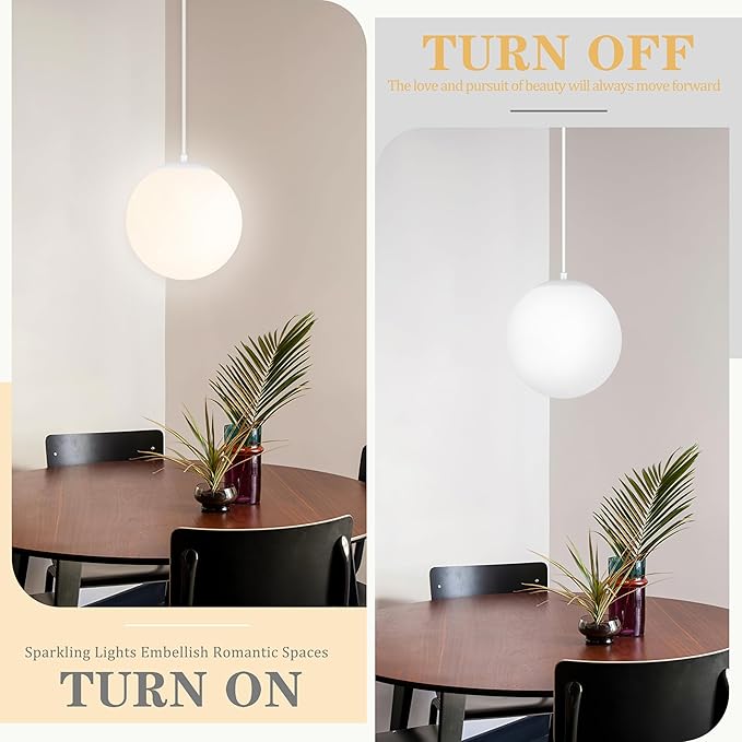 KoKo&Yukina 8" Globe Pendant Light White Plug in Pendant Light Adjustable Hanging Lights with Plug in Cord Matte White Finished with Milk Glass Lampshade for Bedroom Kitchen Island (Bulb Included)