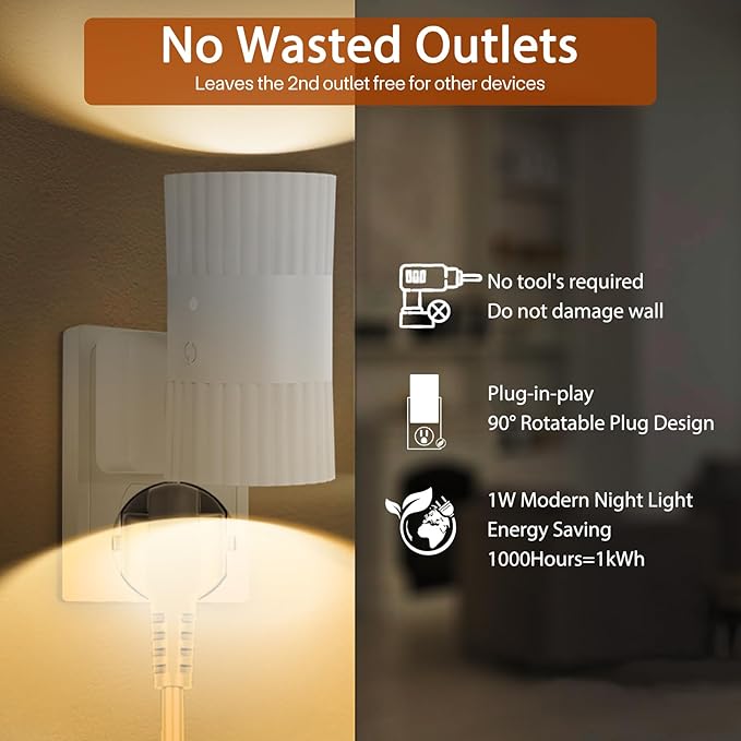 Night Lights Plug into Wall, 90° Rotatable Plug in Night Light with Dusk to Dawn Sensor, 0-100LM Dimmable Wall Light, 3000K Soft Glow Led Nightlight for Bedroom Bathroom Hallway Stairway, 2 Pack
