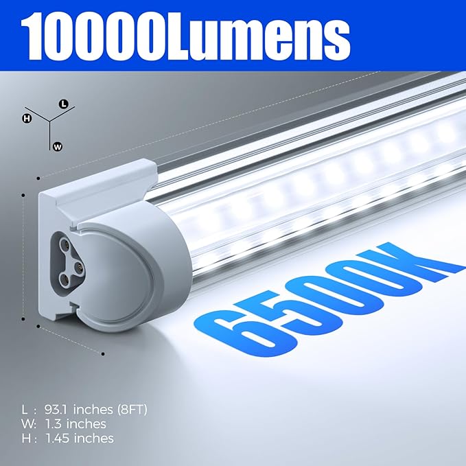 Barrina LED Shop Lights, 8FT 72W 10000LM 6500K, Super Bright White, V Shape, Clear Cover, High Output, Linkable, T8 LED Tube Light, for Garage 8 Foot with Plug (Pack of 10)