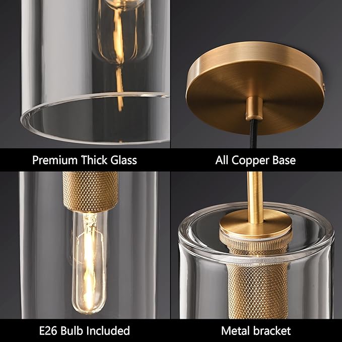 Brass Pendant Lights Kitchen Island 2 Set Modern Glass Pendant Light Fixtures, 9.5'' Farmhouse Gold Pendant Light Fixtures, Indoor Chandelier for Bathroom, Bar Included Bulb