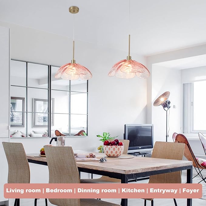 Pink Glass Pendant Lights Kitchen Island, 14'' Vintage Hanging Light Fixtures with Hammered Glass Flower Shade, Brass Pendant Ceiling Light for Kitchen Sink Hallway Bedroom