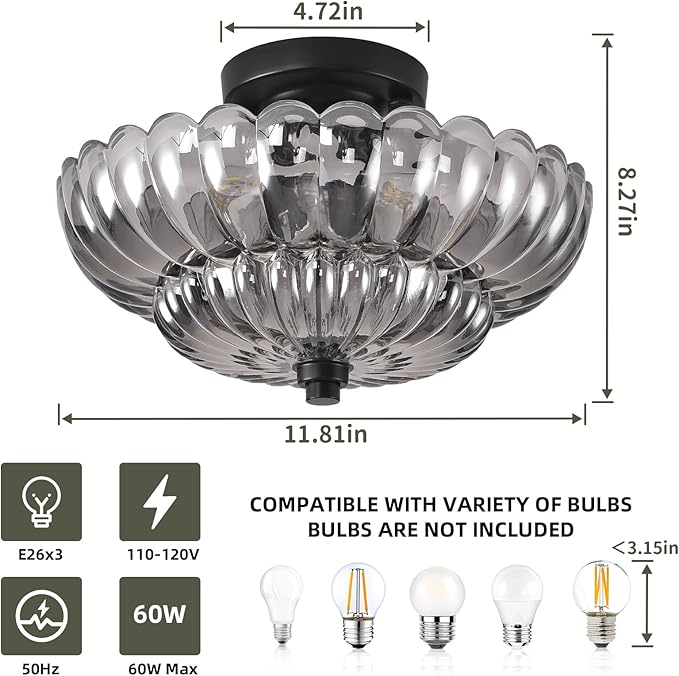 Semi Flush Mount Ceiling Light, 11.8 Inch Black Vintage Hallway Light Fixture with Smoky Gray Glass, Close to Ceiling Light for Bedroom Kitchen Living Room Bathroom Foyer, E26 Base