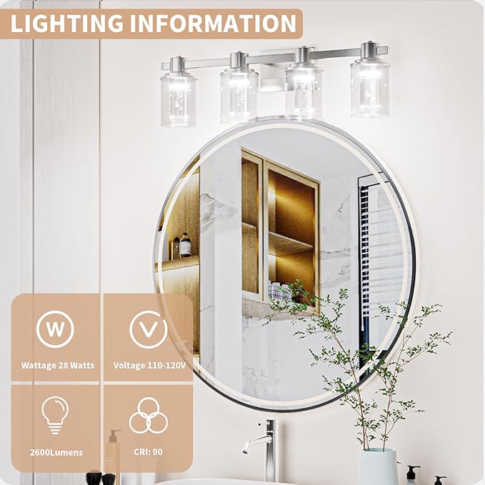 Quntis Brush Nickle Bathroom Lighting Fixtures with 5 Color Mode, 4-Light Dimmable Modern Bathroom Vanity Light Over Mirror, 28 Watt Eye Protection LED Wall Lamp 27 Inch (UL Certified, Bulbs Included)