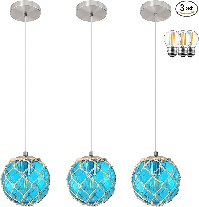 3 Pack 6" Blue Coastal Pendant Light Kitchen Island,Glass Globe Ocean Ceiling Light Fixture Beach House,Dimmable Hemp Rope Light Fixture Hanging For Bathroom Living Room Farmhouse Bedroom(Bulb Incl.