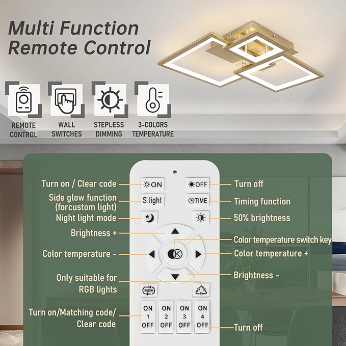 Modern Gold Led Ceiling Light 3-Square Design 3000K-6500K Dimmable LED Ceiling Light with Remote 33W Acrylic Ceiling Lighting Fixture for Bedroom Kitchen Dining Room Office Lamps