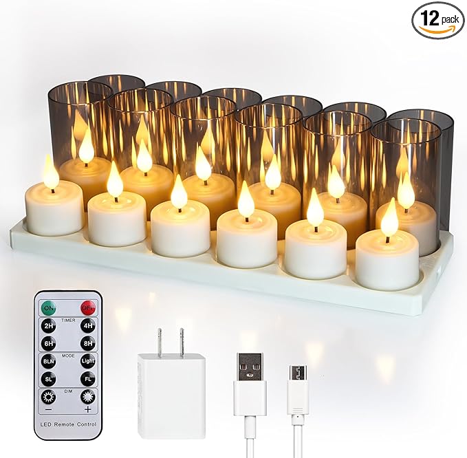 FPOO Rechargeable Tea Lights Candles with Remote Timer, 12 Packs Flameless Flickering led Tea Lights Votive Candles with USB Charging for Home Decor Centerpiece Christmas Wedding (2 inch)