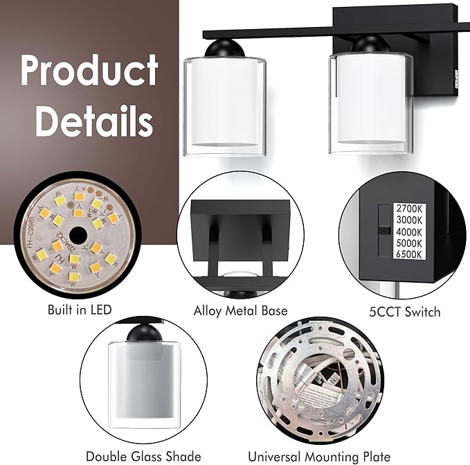 Quntis Black Bathroom Lighting Fixtures Over Mirror with 5 Color Modes, 3 Light Dimmable LED Bathroom Vanity Light, with Eye Care Milk White Frosted Glass, 21W Energy Saving, 16 Inch (Bulbs Included)