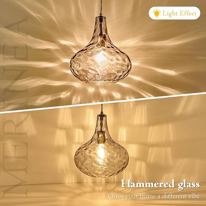 11" Smoked Hammered Glass Pendant Light – Modern Ceiling Hanging Fixture with Brushed Nickel Finish for Kitchen Island, Dining Room, Hallway, Entryway – E26 Base